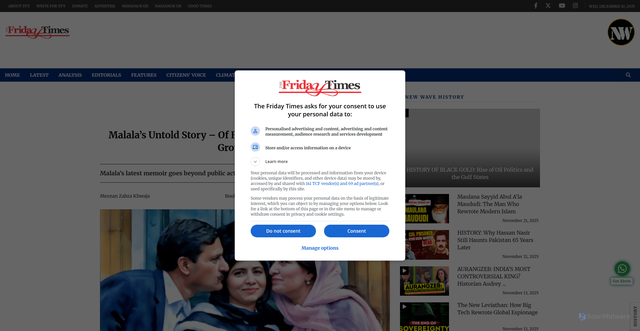Security scan screenshot of https://www.thefridaytimes.com/07-Dec-2025/malala-s-untold-story-bollywood-bops-girlfriends-growing