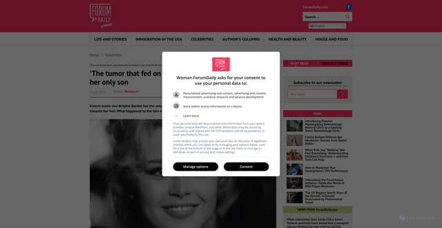 Security scan screenshot of https://woman.forumdaily.com/en/opuxol-kotoraya-pitalas-mnoyu-pochemu-brizhit-bardo-vsyu-zhizn-otvergaet-edinstvennogo-syna/