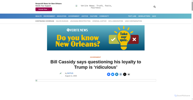 Security scan screenshot of https://veritenews.org/2025/08/11/bill-cassidy-trump-loyalty/