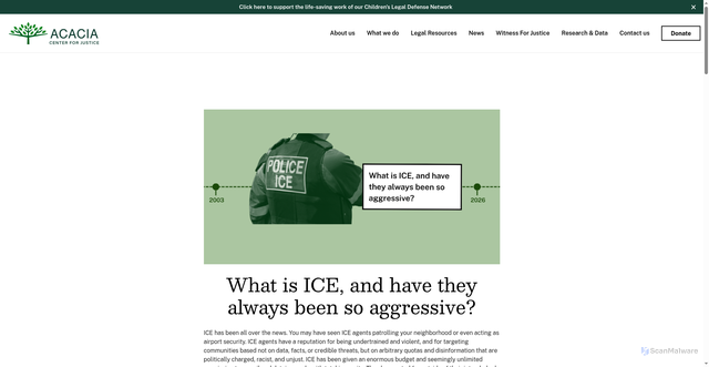 Security scan screenshot of https://acaciajustice.org/history-of-ice-in-america/