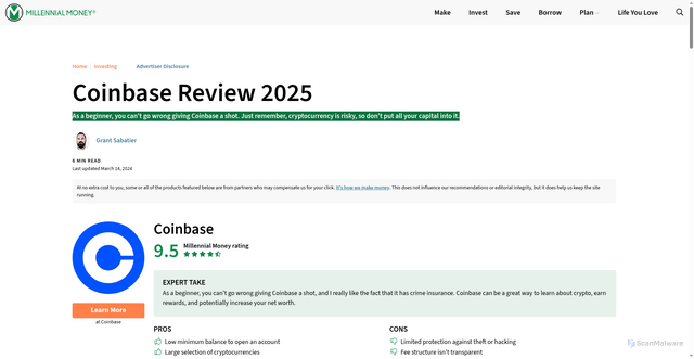 Security scan screenshot of https://millennialmoney.com/coinbase-review/