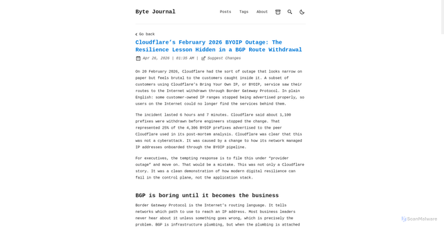 Security scan screenshot of https://bytejournal.pages.dev/posts/cloudflare-byoip-outage-bgp-route-withdrawal-resilience-lessons/
