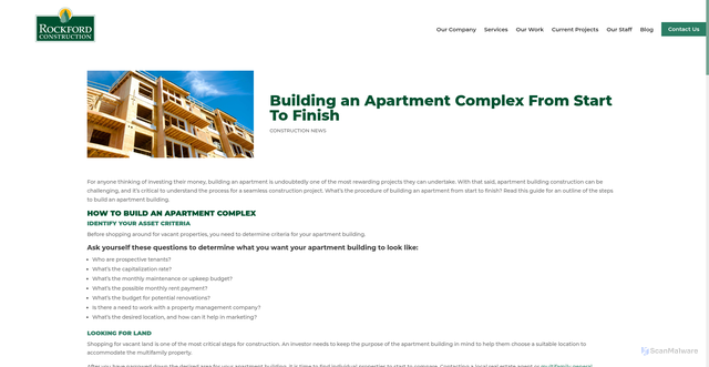 Security scan screenshot of https://rockfordconstruction.net/construction-news/how-to-build-an-apartment-complex/