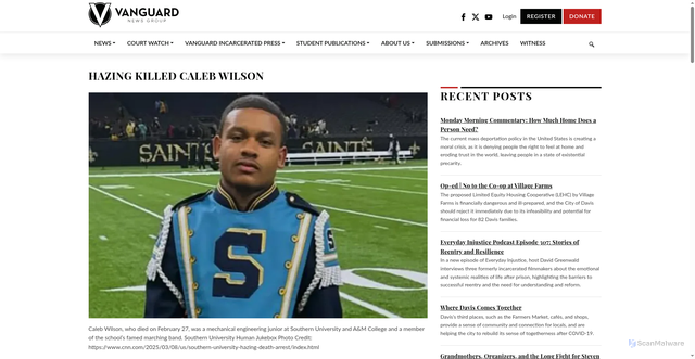 Security scan screenshot of https://davisvanguard.org/2025/03/hazing-killed-caleb-wilson/