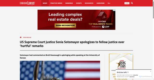 Security scan screenshot of https://www.canadianlawyermag.com/news/international/us-supreme-court-justice-sonia-sotomayor-apologizes-to-fellow-justice-over-hurtful-remarks/393988