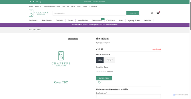 Security scan screenshot of https://chaptersbookstore.com/products/the-indians?srsltid=AU7gw4WBV3elG3pIkT3UshgMDnqfR7v-3Yy9zUkelIzomL4TATgIZAtM