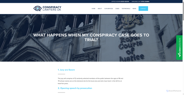 Security scan screenshot of https://www.conspiracylawyersuk.co.uk/services/information/what-happens-when-my-conspiracy-case-goes-to-trial/