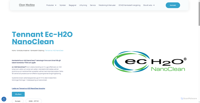 Security scan screenshot of https://cleanmachine.se/produkten/tennant-ech20-nanoclean/