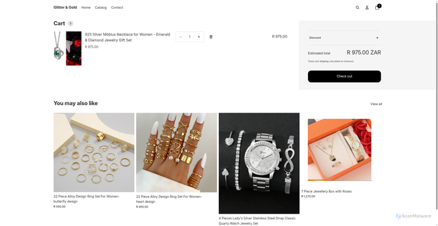 Security scan screenshot of https://glittergold.shop/cart/add?id=58468417667153&quantity=1
