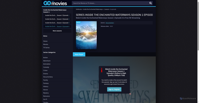 Security scan screenshot of https://moviesdl.net/129311-inside-the-enchanted-waterways/1-season/6-episode.html