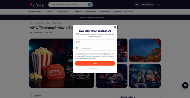 Security scan screenshot of https://www.giftory.com/products/amc-theatres-movie-experience-with-popcorn-for-two?srsltid=AfmBOooWyn9XdccBn7_bqZbNCGplz-WZBOcZQmzEr1bB8almyzyffc8p