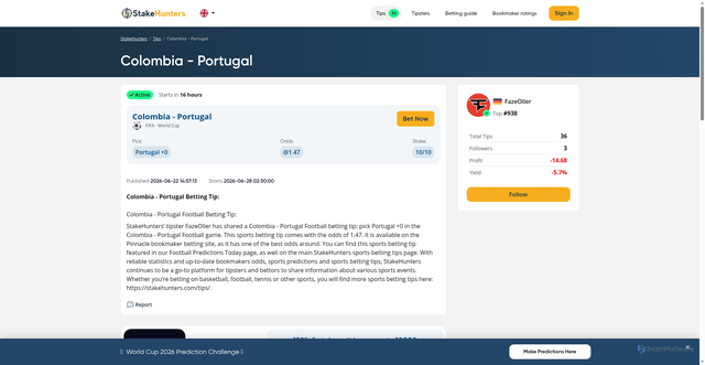 Security scan screenshot of https://stakehunters.com/tips/fifa-world-cup/colombia-portugal/