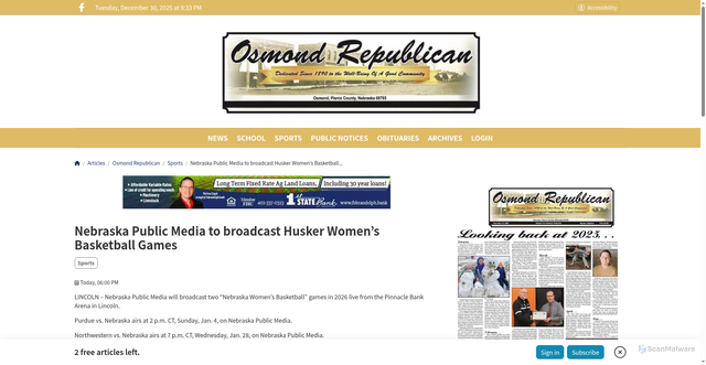 Security scan screenshot of https://www.osmondrepublican.com/article/4356,nebraska-public-media-to-broadcast-husker-women-s-basketball-games