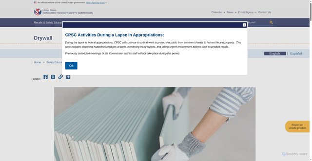Security scan screenshot of https://www.cpsc.gov/Safety-Education/Safety-Education-Centers/Drywall-Information-Center