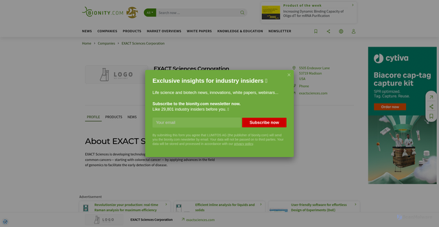 Security scan screenshot of https://www.bionity.com/en/companies/22518/exact-sciences-corporation.html