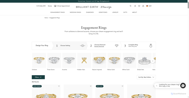 Security scan screenshot of https://www.brilliantearth.com/engagement-rings/shop-all/