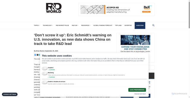Security scan screenshot of https://www.rdworldonline.com/dont-screw-it-up-eric-schmidts-warning-on-u-s-innovation-as-new-data-shows-china-on-track-to-take-rd-lead/