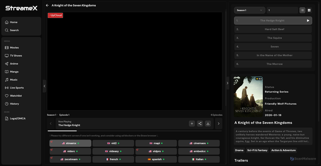 Security scan screenshot of https://streamex.sh/watch/tv/224372?s=1&e=1&server=streamx