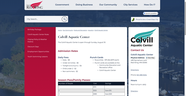 Security scan screenshot of https://www.redwingmn.gov/391/Colvill-Aquatic-Center