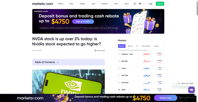 Security scan screenshot of https://www.markets.com/education-centre/nvda-stock-is-up-over-2-today-is-nvidia-stock-expected-to-go-higher