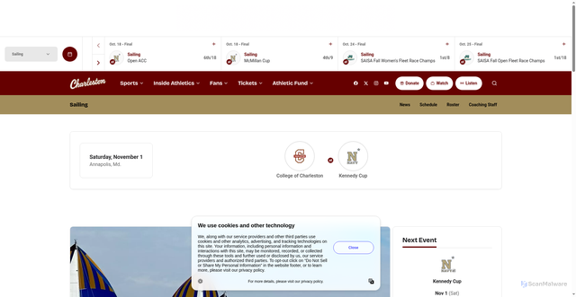 Security scan screenshot of https://cofcsports.com/news/2025/10/31/sailing-offshore-looks-to-defend-kennedy-cup