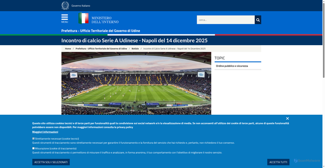 Security scan screenshot of https://prefettura.interno.gov.it/it/prefetture/udine/notizie/incontro-calcio-serie-udinese-napoli-14-dicembre-2025