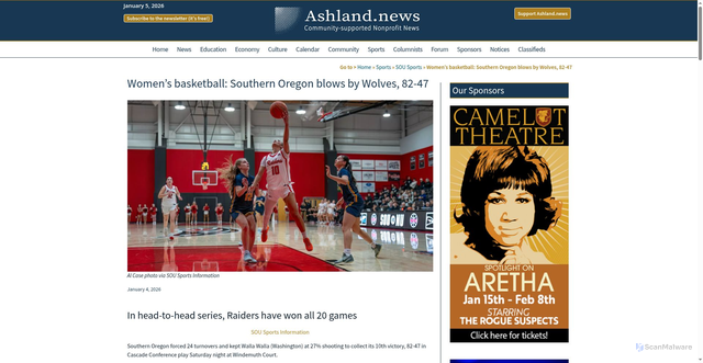 Security scan screenshot of https://ashland.news/womens-basketball-southern-oregon-blows-by-wolves-82-47/