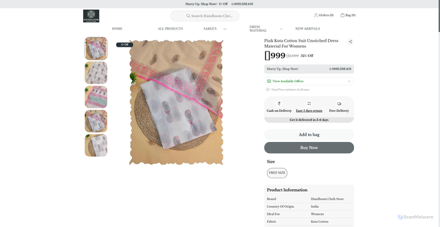 Security scan screenshot of https://handloomclothstore.com/Pink-Kota-Cotton-Suit-Unstiched-Dress-Material-For-Womens/catalogue/DWsPXwzr/1L9D_N77