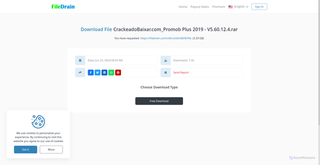 Security scan screenshot of https://filedrain.com/vXkrzo5dmBOR/file
