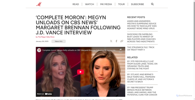 Security scan screenshot of https://www.megynkelly.com/watch/complete-moron-megyn-unloads-on-cbs-news-margaret-brennan-following-jd-vance-interview/