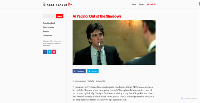 Security scan screenshot of http://www.thestacksreader.com/al-pacino-ron-rosenbaum-profile/