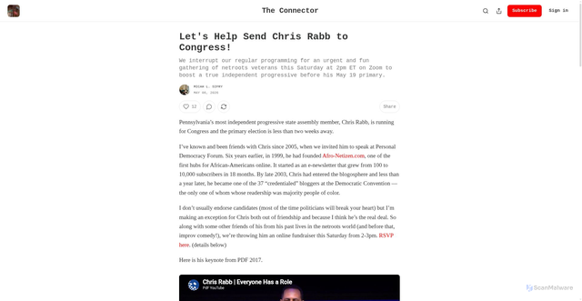 Security scan screenshot of https://theconnector.substack.com/p/lets-help-send-chris-rabb-to-congress