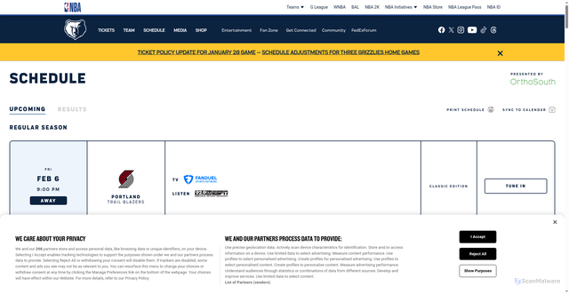 Security scan screenshot of https://nba.com/grizzlies/schedule