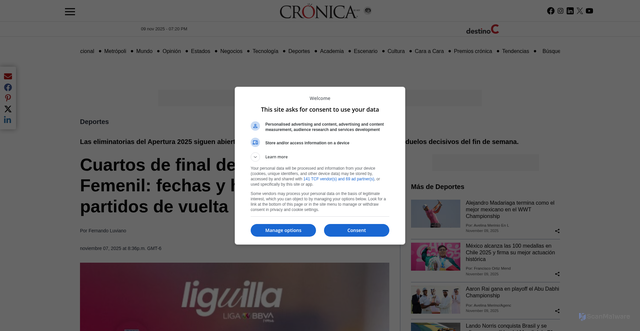 Security scan screenshot of https://www.cronica.com.mx/deportes/2025/11/07/cuartos-de-final-de-la-liga-mx-femenil-fechas-y-horarios-de-los-partidos-de-vuelta/