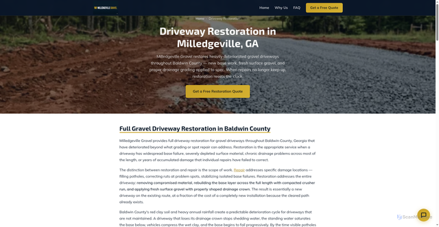 Security scan screenshot of https://milledgevillegravel.com/driveway-restoration.html