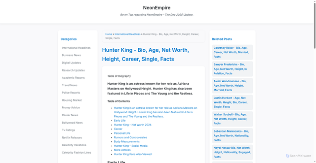 Security scan screenshot of https://www.app.tankersinternational.com/hunter-king-bio-age-net-worth-height-career-single-facts/86013440.html