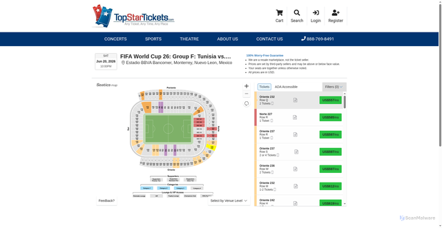 Security scan screenshot of https://www.topstartickets.com/Event/FIFA-World-Cup-26-Group-F-Tunisia-vs-Japan-Match-36-Estadio-BBVA-Bancomer-2026-06-20-22-00-00-Tickets