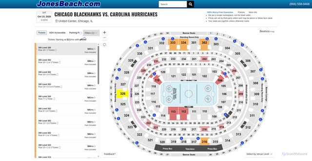 Security scan screenshot of https://tickets.jonesbeach.com/results-ticket?evtid=8138676&event=Chicago+Blackhawks+vs.+Carolina+Hurricanes