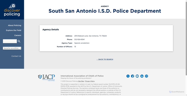 Security scan screenshot of https://www.discoverpolicing.org/agency/south-san-antonio-i-s-d-police-department/