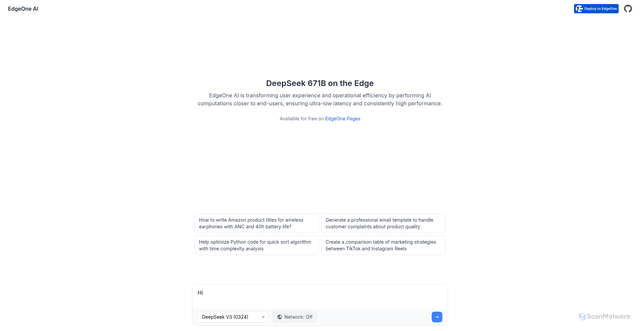 Security scan screenshot of https://deepseek-r1-edge-dpg9kojr5h41.edgeone.dev/
