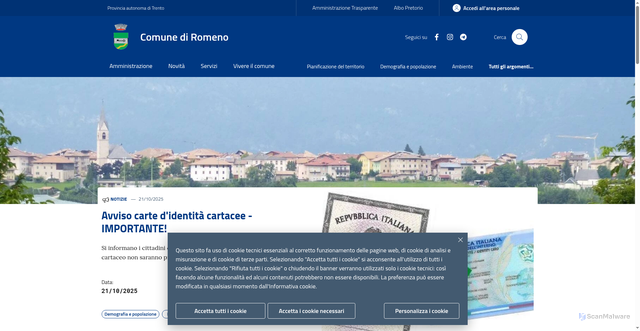 Security scan screenshot of https://www.comune.romeno.tn.it/