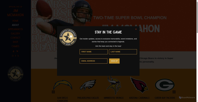 Security scan screenshot of https://sportslegendsusa.com/player/jim-mcmahon/about/