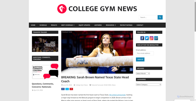 Security scan screenshot of https://collegegymnews.com/2026/06/30/breaking-sarah-brown-named-texas-state-head-coach/