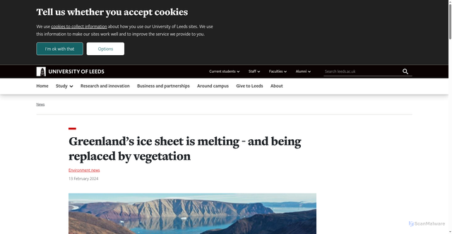 Security scan screenshot of https://www.leeds.ac.uk/news-environment/news/article/5511/greenland-s-ice-sheet-is-melting-and-being-replaced-by-vegetation