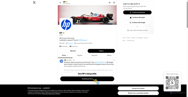 Security scan screenshot of https://x.com/HP?jumpid=em_SE_SV_BSL_SE_4710321_20261023&utm_medium=email&utm_source=BSL&utm_campaign=SE_4710321_20261023&utm_id=pixel_email_for_all_countries&utm_content=CONS