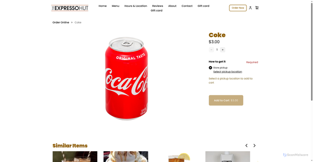 Security scan screenshot of https://www.expressohut.com/product/coke/33?si=true