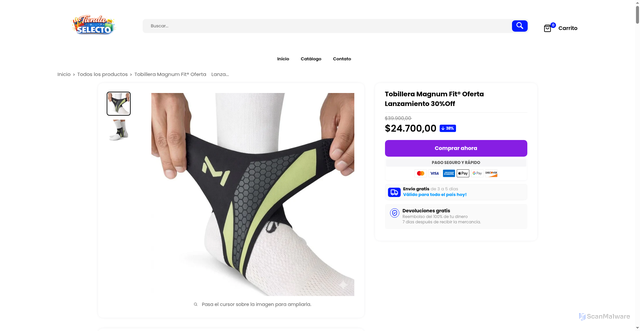 Security scan screenshot of https://tiendaselecto.store/products/tobillera-magnum-fit%C2%AE%EF%B8%8F