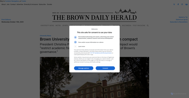 Security scan screenshot of https://www.browndailyherald.com/article/2025/10/brown-university-rejects-trump-administration-compact