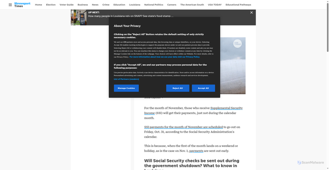Security scan screenshot of https://www.shreveporttimes.com/story/news/2025/10/30/will-people-on-social-security-get-payments-next-month-when-november-checks-scheduled-gov-shutdown/86981704007/