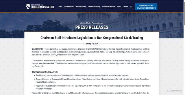 Security scan screenshot of https://cha.house.gov/2026/1/chairman-steil-introduces-legislation-to-ban-congressional-stock-trading
